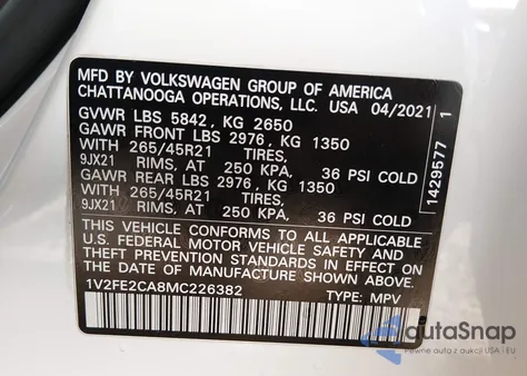 2021 Volkswagen Atlas Cross Sport 3.6L V6 Sel Premium R-Line z USA, uszkodzony, nr VIN 1V2FE2CA8MC226382